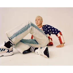 Model with blonde hair wearing an American flag jacket and wide-leg denim jeans sitting against a white background