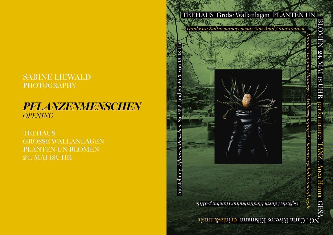 Flyer with abstract human-plant figure in dark coat. Text promotes an art exhibition, “Pflanzenmenschen,” at Teehaus, featuring photography by Sabine Liewald.