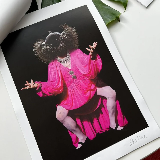 Artwork featuring a person in a bright pink dress with decorative headwear against a black backdrop, presented as a framed print on a white table.