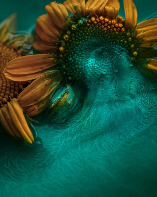 Close-up view of two sunflowers with yellow petals and a dark green center, set against a textured teal background for visual contrast.
