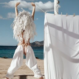 Model with white shredded paper headdress wearing white trousers holding onto a clothesline on a sandy beach