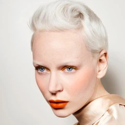 Close-up portrait of a woman with short white hair, bright orange lipstick, and yellow eyeliner against a plain background.