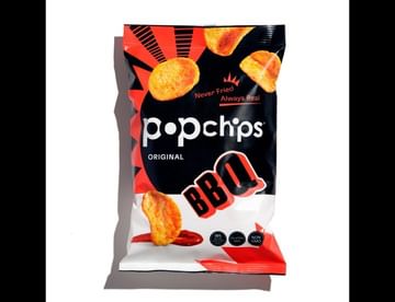 A bag of Popchips Original BBQ flavored chips is centered on a white background, highlighting the product's packaging and design.