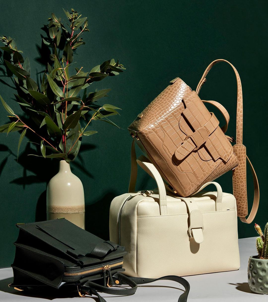 Three handbags of varying designs and colors are arranged on a gray surface, with greenery and a green wall in the background.