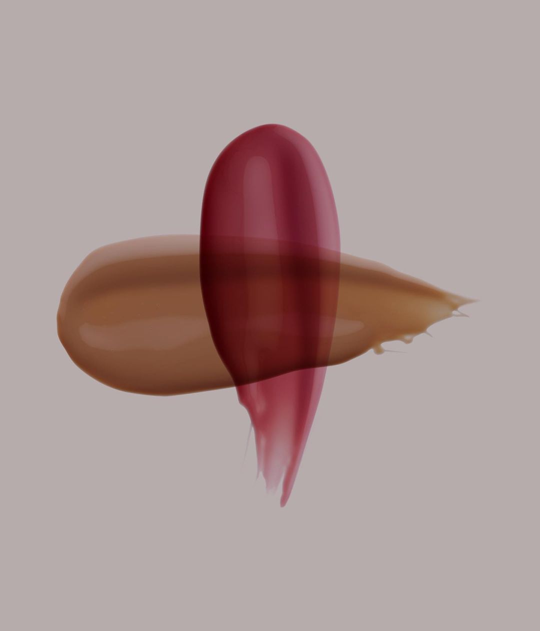 Beauty product swatches in brown and red tones on a neutral background, creating a minimalist abstract composition for cosmetic marketing.