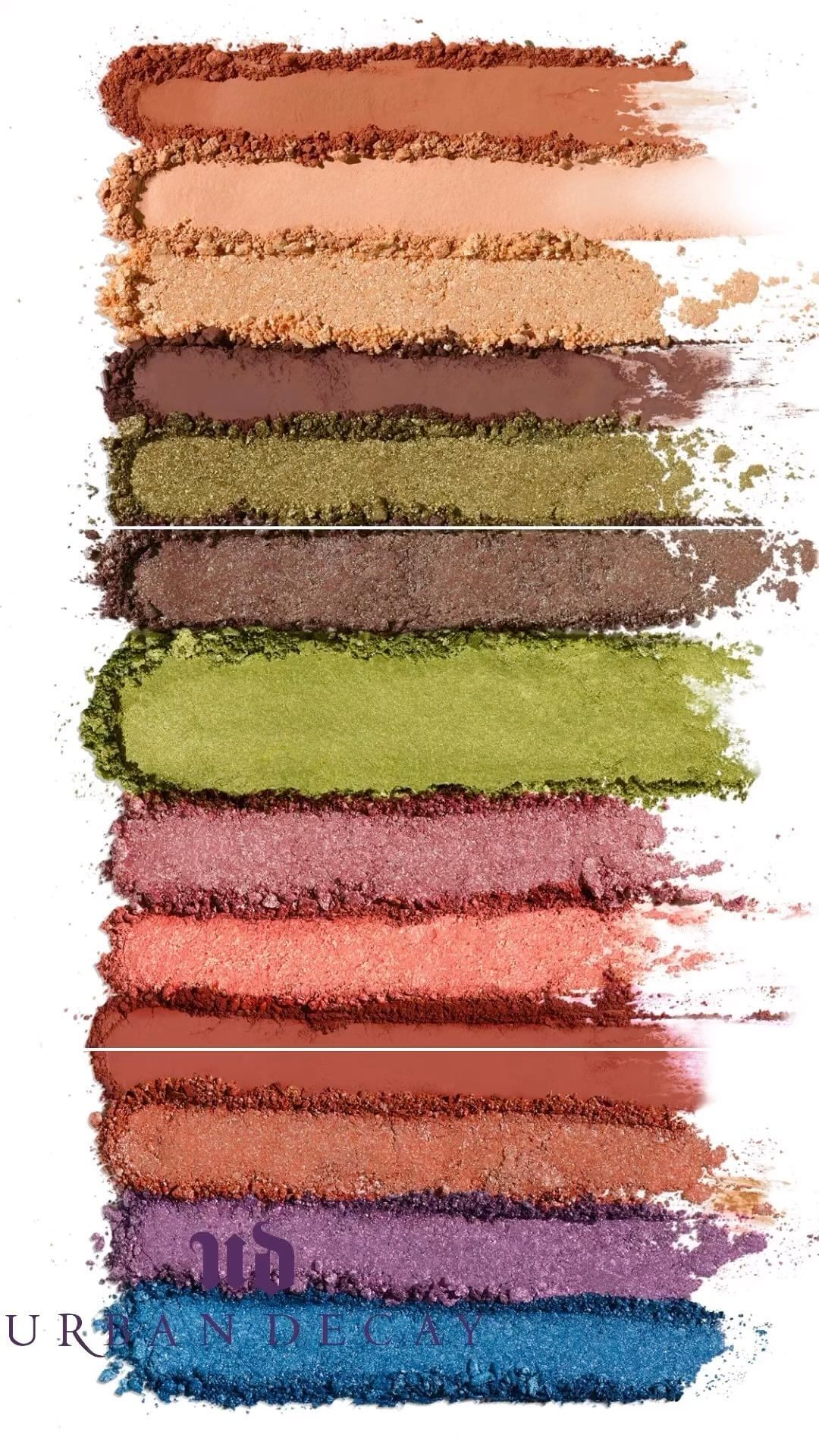 Close-up of eyeshadow palette with various shades of brown, green, coral, purple, and blue pigments in rectangular swatches.