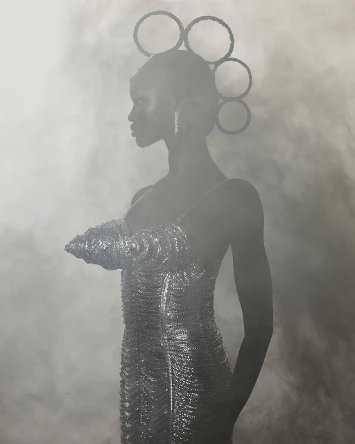 Portrait of a Black woman in a shimmering silver dress and headpiece, looking left against a smoky background, long earrings.