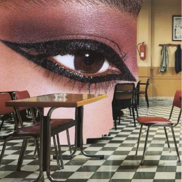 Collage featuring a close-up of a woman's eye with bold makeup next to a vintage cafe interior with checkered floors and red chairs.