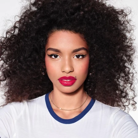 Close-up beauty portrait of a woman with voluminous curly dark hair, winged eyeliner, vibrant red lipstick, and a white ringer t-shirt.
