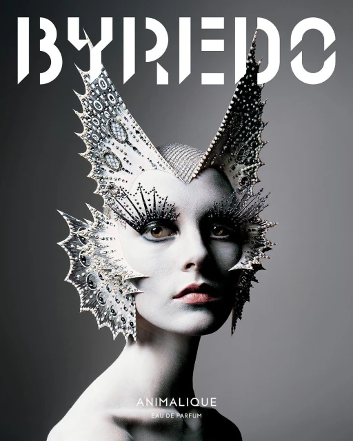Close-up studio shot of a model wearing an elaborate silver headdress, dramatic eyelash extensions and makeup with a grey background.
