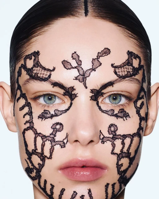 Close-up of an adult woman's face adorned with black lace patterns, set against a bright background in a beauty or fashion context.