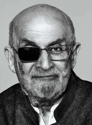 Black and white portrait of Salman Rushdie wearing glasses against a plain light grey backdrop