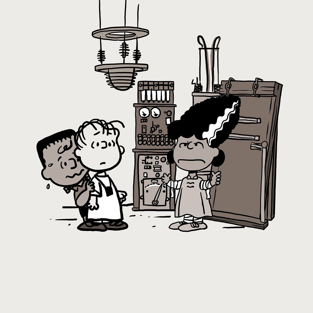 Cartoon illustration of Linus holding Frankenstein's monster as Bride of Frankenstein character looks on, with laboratory equipment behind.
