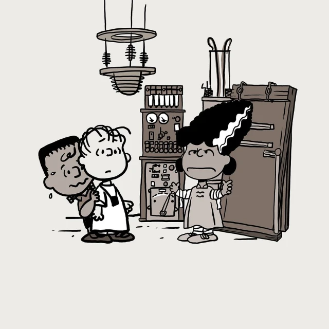 Cartoon illustration of Linus holding Frankenstein's monster as Bride of Frankenstein character looks on, with laboratory equipment behind.