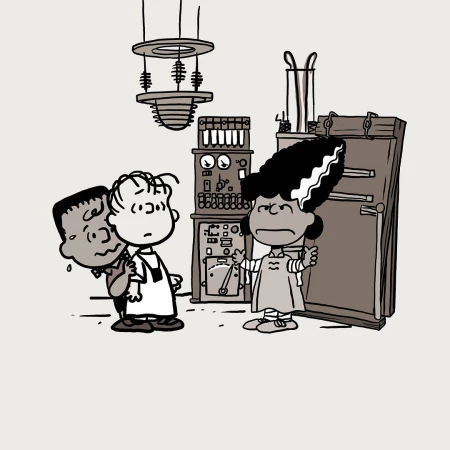 Cartoon illustration of Linus holding Frankenstein's monster as Bride of Frankenstein character looks on, with laboratory equipment behind.