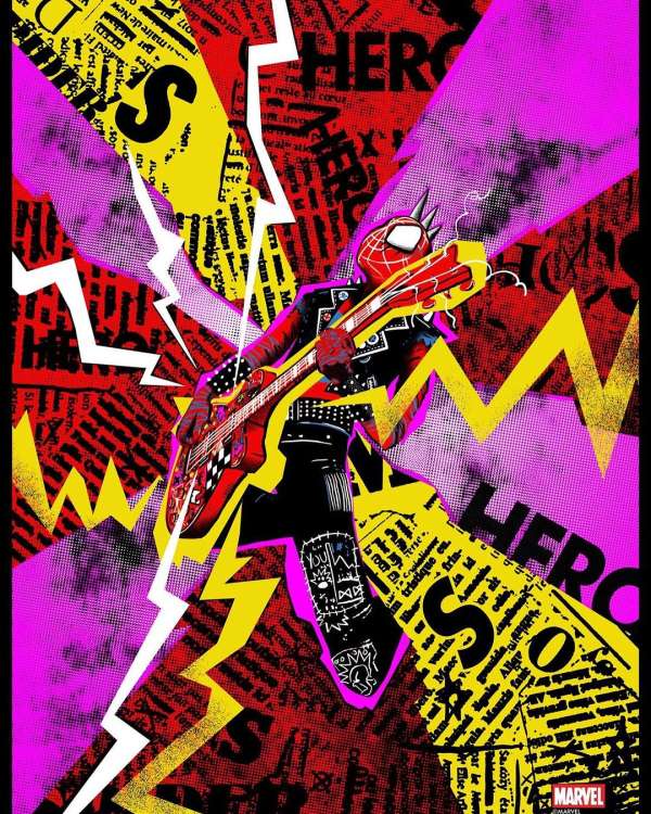 Illustration of Spider-Punk playing a red electric guitar with yellow lightning bolts and newsprint text in the background, punk aesthetic.