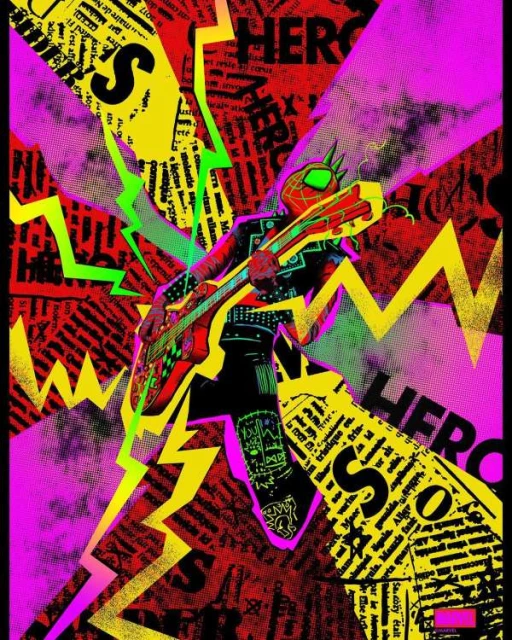 Graphic illustration of a musician in costume playing electric guitar with colorful lightning bolts and newsprint in the background.