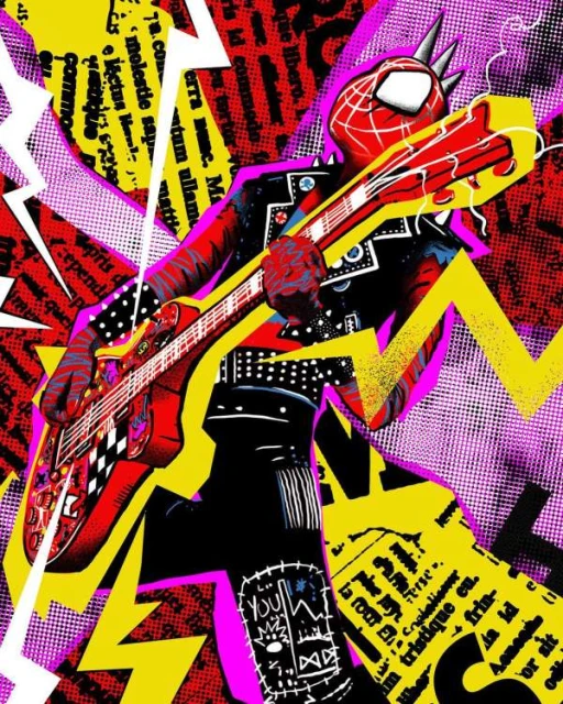 Illustration of a punk-rock Spider-Man playing an electric guitar with colorful graphic elements, text, and lightning bolts in the background.