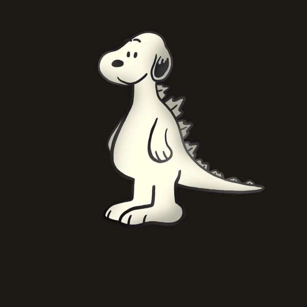 Stylized cartoon of a white dog with a dragon tail and spikes along its back on a black background, rendered with smooth, rounded shapes.