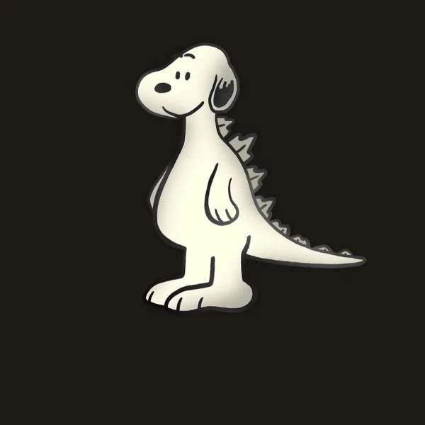 Stylized cartoon of a white dog with a dragon tail and spikes along its back on a black background, rendered with smooth, rounded shapes.