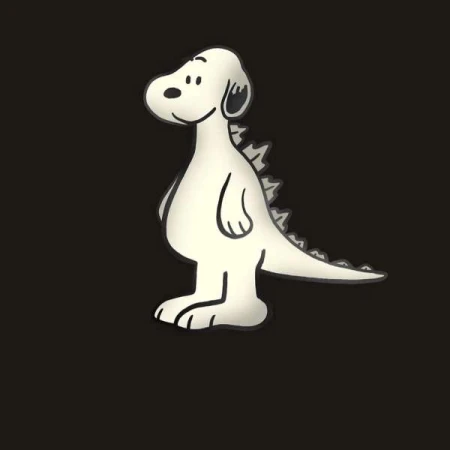 Stylized cartoon of a white dog with a dragon tail and spikes along its back on a black background, rendered with smooth, rounded shapes.