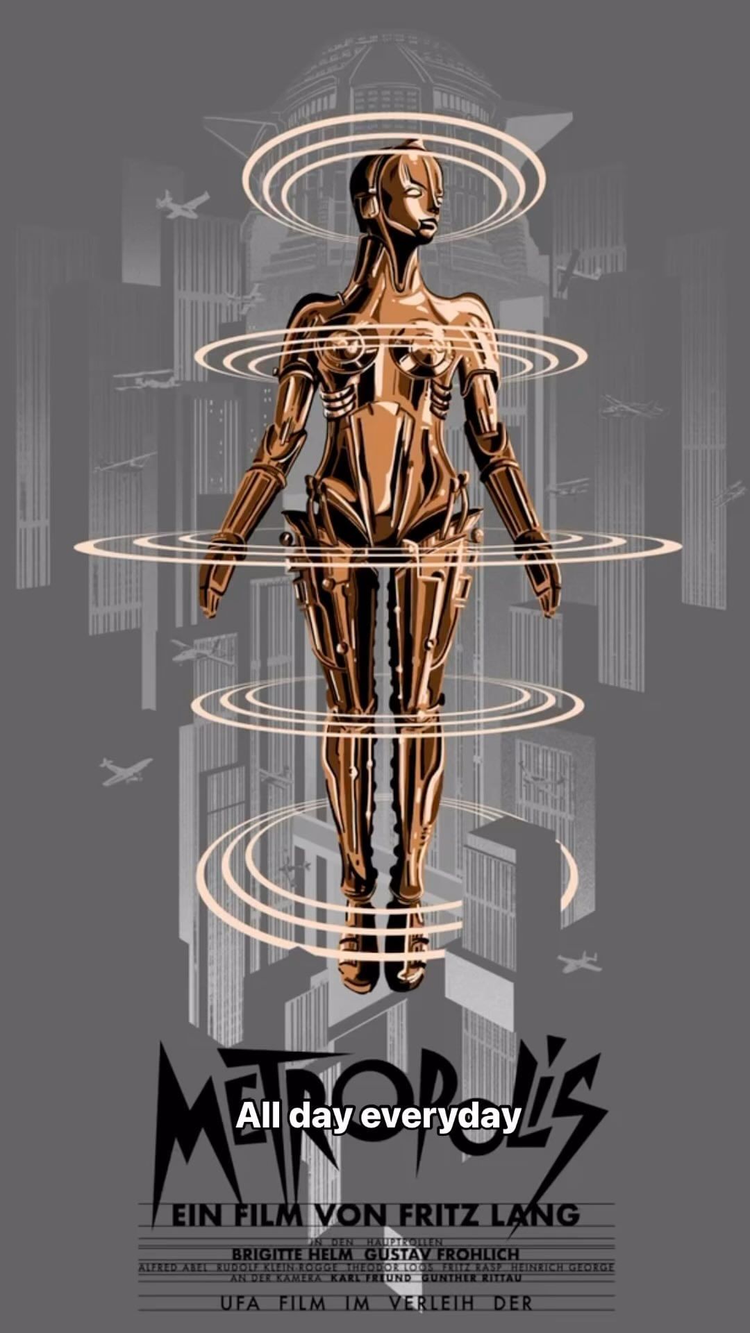 Metropolis movie poster featuring a bronze android floating above a cityscape, surrounded by glowing rings and stylized text.