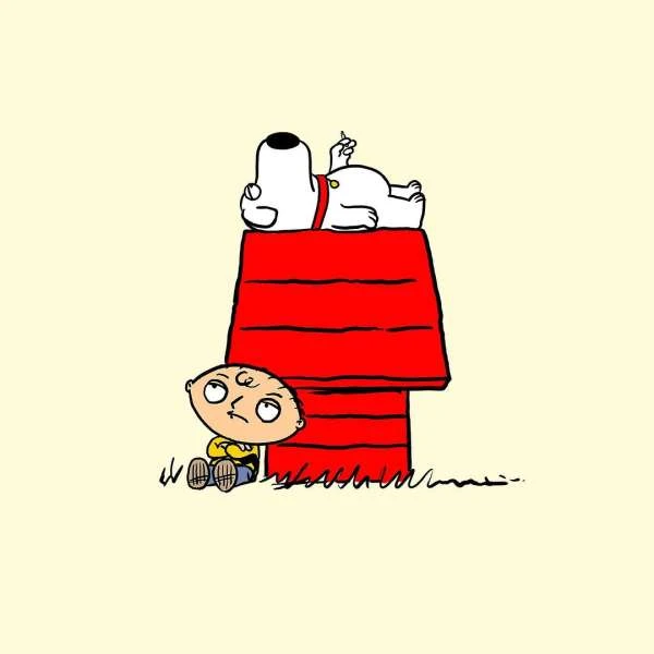 Illustration of cartoon characters Brian Griffin lying atop Snoopy's doghouse while Stewie Griffin sits nearby in a cartoon style.