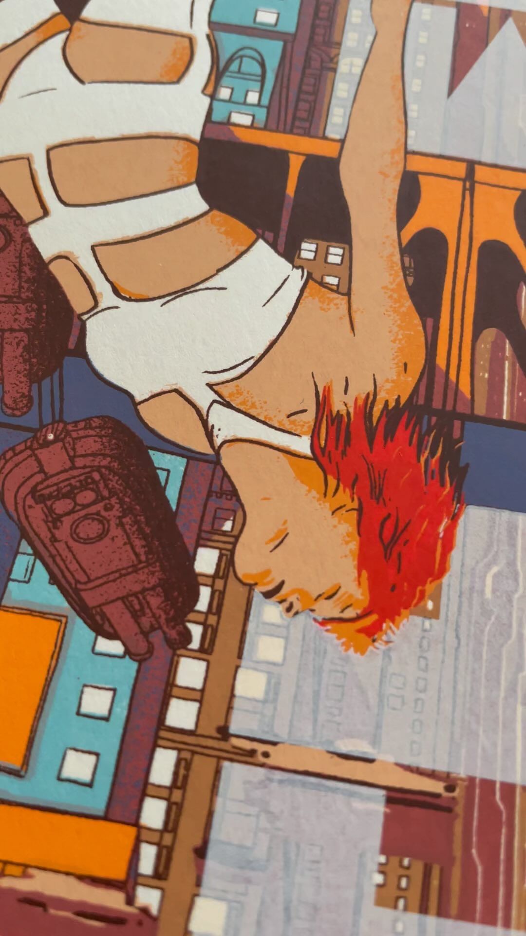 Illustrated graphic artwork by Raid71 featuring a woman with red hair falling against a city skyline background.