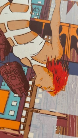 Illustrated graphic artwork by Raid71 featuring a woman with red hair falling against a city skyline background.