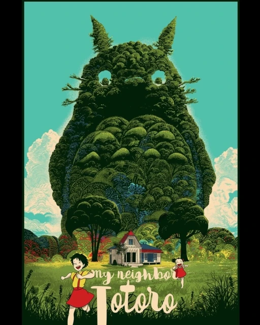 Illustration of the animated movie 'My Neighbor Totoro' featuring cartoon children, a forest spirit character, and a rural landscape.