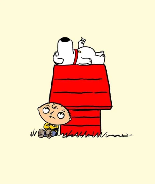 Cartoon illustration featuring Snoopy lounging on his doghouse as Stewie Griffin sits beside it with a thoughtful expression.