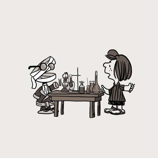 Cartoon image of Linus and a mummy character in a science lab with beakers and flasks on a table against a light background.