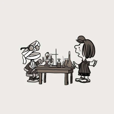 Cartoon image of Linus and a mummy character in a science lab with beakers and flasks on a table against a light background.