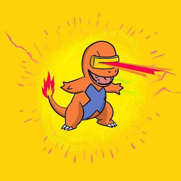 Cartoon drawing of an orange lizard-like figure wearing yellow visor glasses and shooting a laser beam, set against a yellow backdrop.
