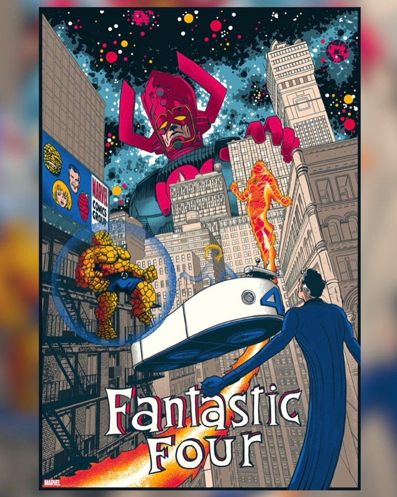 Fantastic Four comic book illustration with The Thing, Human Torch, Invisible Woman, Mr. Fantastic in city landscape with Galactus.