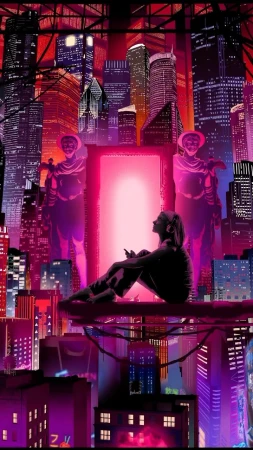Illustration of a woman seated against a futuristic cityscape with towering buildings, statues, and a glowing portal.