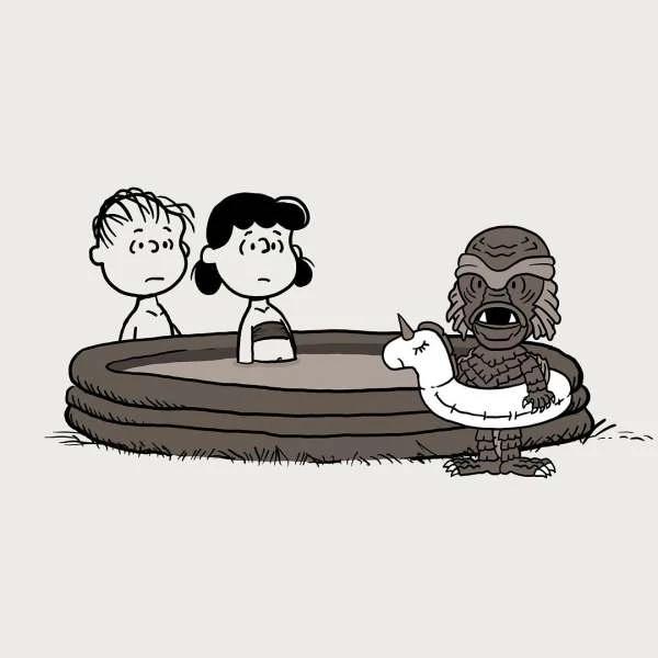 Cartoon illustration of two Peanuts characters, a boy and a girl, in a pool with the Creature from the Black Lagoon in a unicorn float.