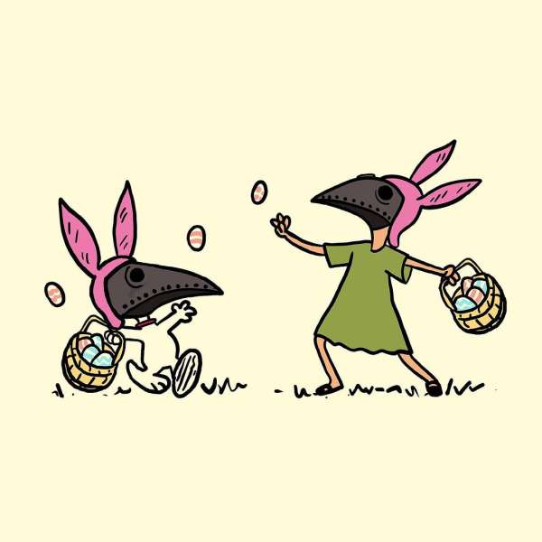 Illustration of two figures wearing plague doctor masks and bunny ears carrying baskets with Easter eggs on a light yellow background.