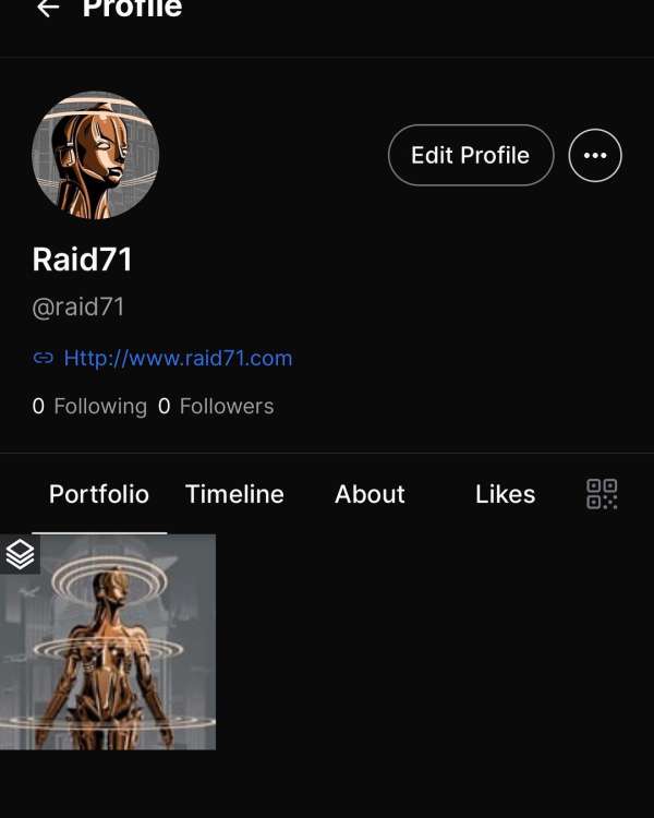 Profile of Raid71 featuring digital art. Avatar depicts an abstract figure, highlighted by circular, tech-inspired elements against a dark background.