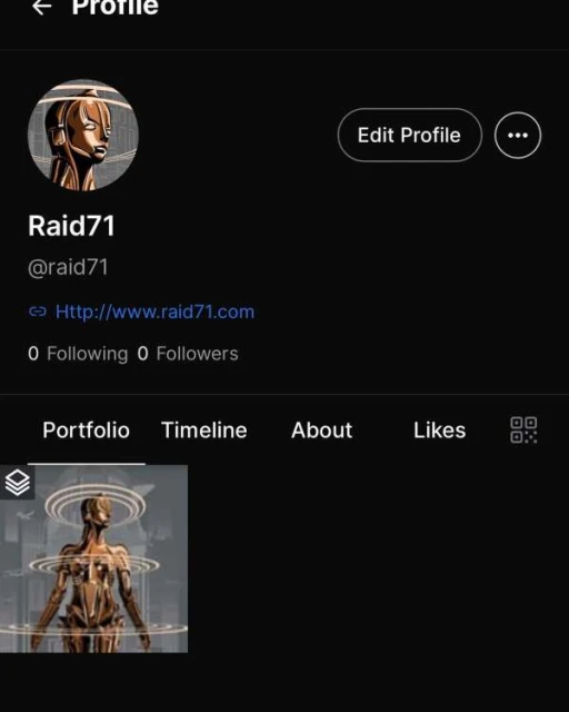 Profile of Raid71 featuring digital art. Avatar depicts an abstract figure, highlighted by circular, tech-inspired elements against a dark background.