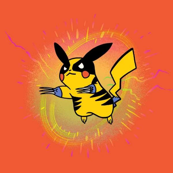 Illustration of Pikachu with black and yellow colors standing on an orange background with line and ray effects.