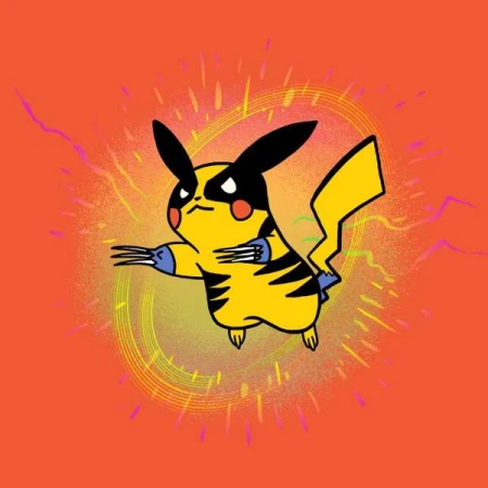 Illustration of Pikachu with black and yellow colors standing on an orange background with line and ray effects.