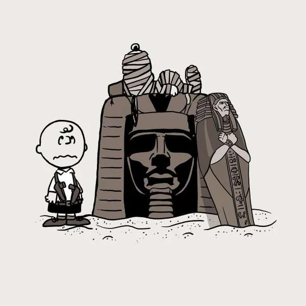 Illustration of Charlie Brown near ancient Egyptian statues, including pharaohs and mummies, on a beige backdrop with sand in foreground.