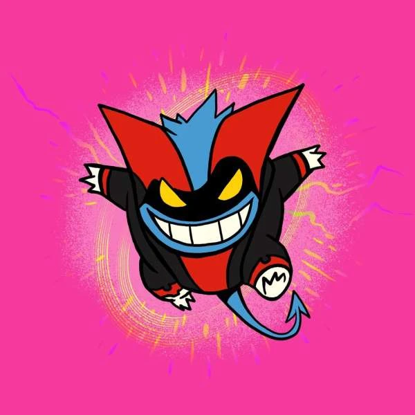 Cartoon of a devil-like monster with red and black clothing and a tail on a pink background with graphic lines.