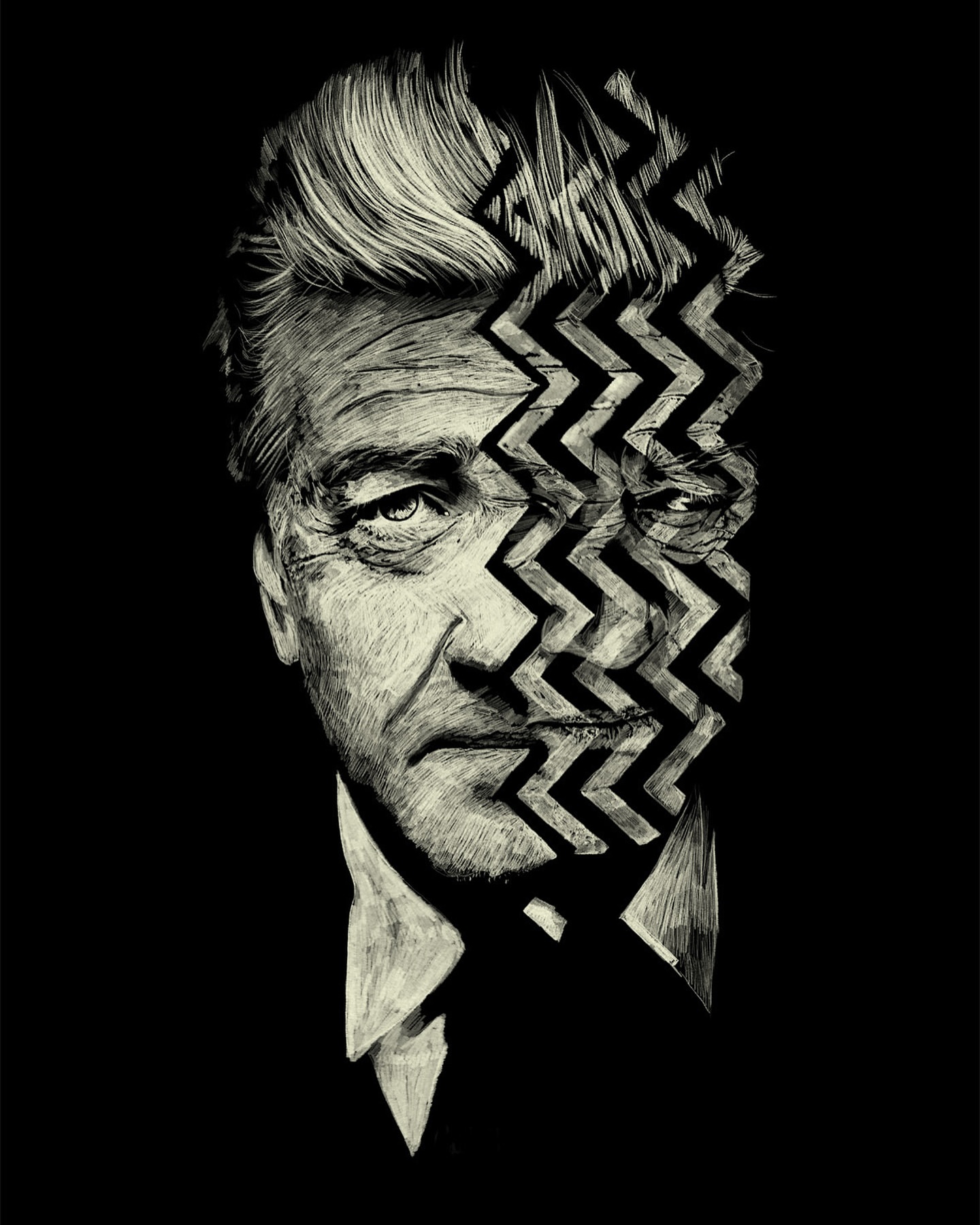 Dramatic portrait of an adult man with a striking monochrome graphic style and zig-zag overlay, set against a solid black backdrop.