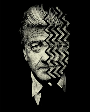 Dramatic portrait of an adult man with a striking monochrome graphic style and zig-zag overlay, set against a solid black backdrop.