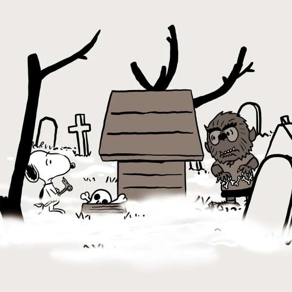 Illustration of Snoopy next to a skull and a werewolf near a doghouse in a cemetery.