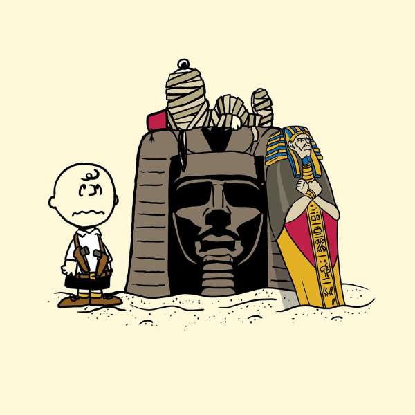 Illustration of cartoon character Charlie Brown standing next to an Egyptian pharaoh, a sphinx head, and a mummy against a beige background.
