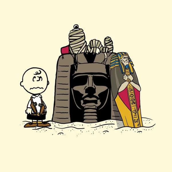 Illustration of cartoon character Charlie Brown standing next to an Egyptian pharaoh, a sphinx head, and a mummy against a beige background.