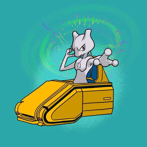 Cartoon illustration of Mewtwo in a yellow vehicle against a teal backdrop with colorful geometric shapes and digital painting effects.